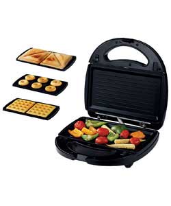 Includes 4 sets of removable cooking plates - toasted sandwich, waffle, doughnut and grill.Non stick