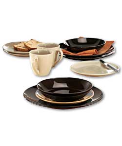 16 piece dinner set. Chocolate plate and bowl. Sand side plate and mug. Dishwasher and microwave