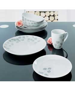 4 place settings. Set contains 4 dinner plates, 4 side plates, 4 bowls and 4 mugs. Dinner plate diam