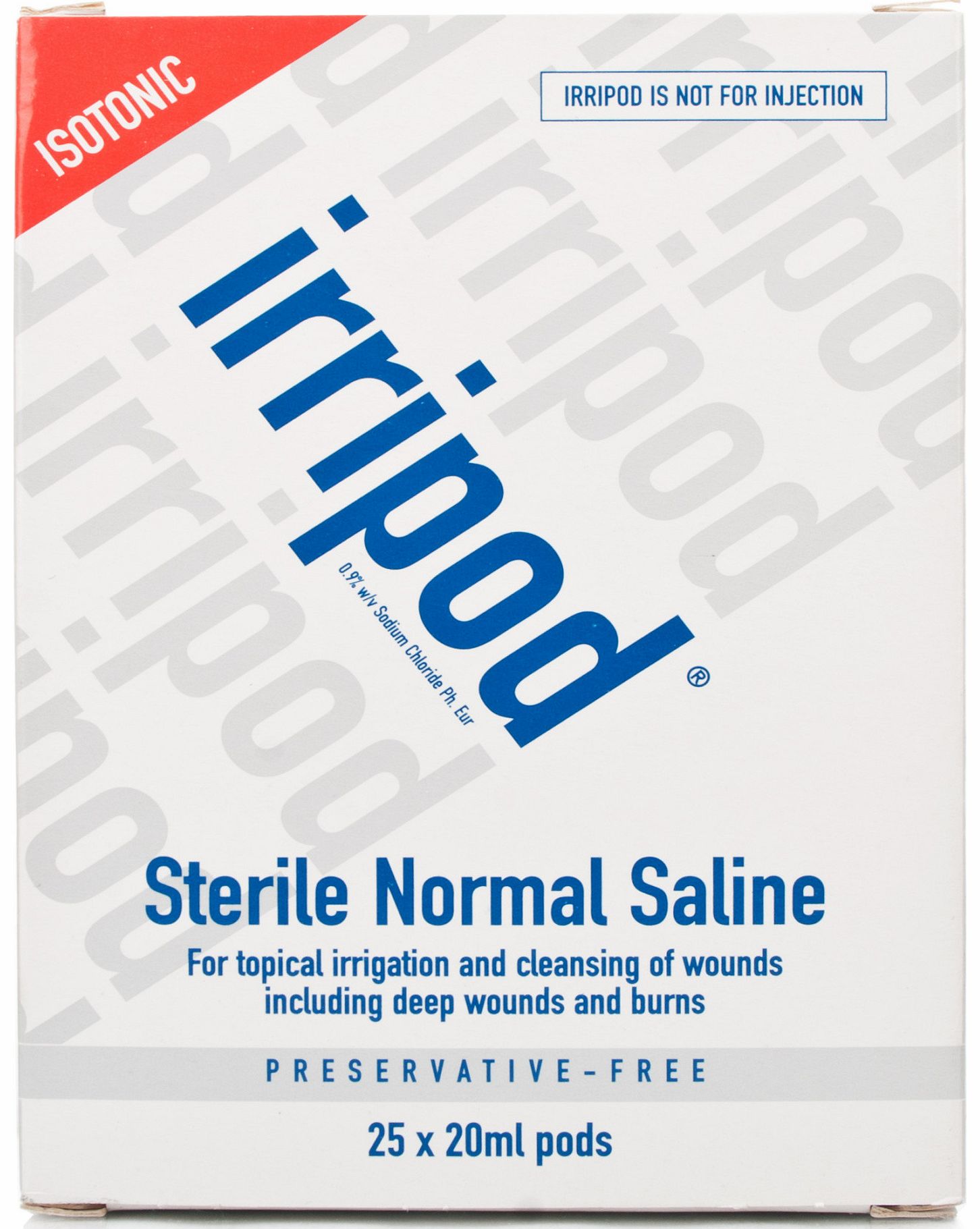 Irripod Sterile Normal Saline is used for topical irrigation and cleansing of wounds, including deep wounds and burns. If you require any assistance while purchasing Irripod Saline, then please contact our pharmacy team. (Barcode EAN=0000003137155)
