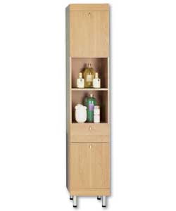 Oak finish unit with 2 doors and 1 drawer. 1 adjustable shelf behind each door. 2 external shelves