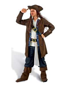Disneys Captain Jack Sparrow; costume includes jacket with shirt and attached belt detail, hat with 