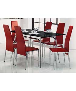 Chrome metal frame with a black tempered glass table top fixed with aluminium discs.Javelin dining c