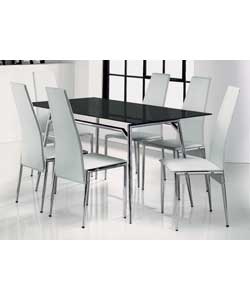 Chrome metal frame with a black tempered glass table top fixed with aluminium discs.Javelin dining c