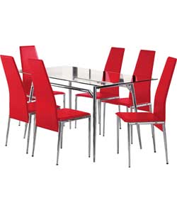 Unbranded Javelin 150cm Clear Glass Dining Table and 6 Red