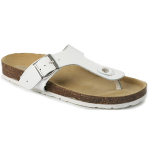Practical and trendy t-bar leather foot bed sandal. The Jbarred flip flop features a toe-post and bu