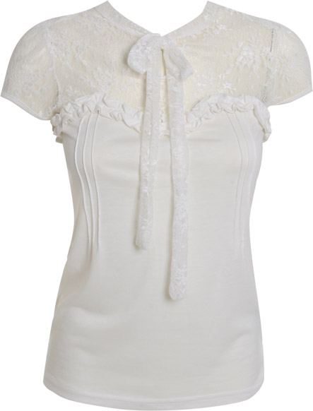 Lace top jersey blouse with neck tie Body. 95 viscose, 5 elastane. Length 67cms.