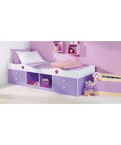 Lilac/white with floral pattern printing.Comfort Sprung mattress.Includes 4 storage drawers and 2