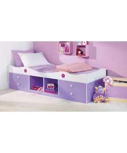 Lilac/white with floral pattern printing. Complete with anti-dustmite mattress. Includes 4 storage