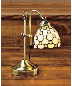 Antique brass finish with amber and cream tiffany style shade.Height 34.3 - 42.5cm max.Shade