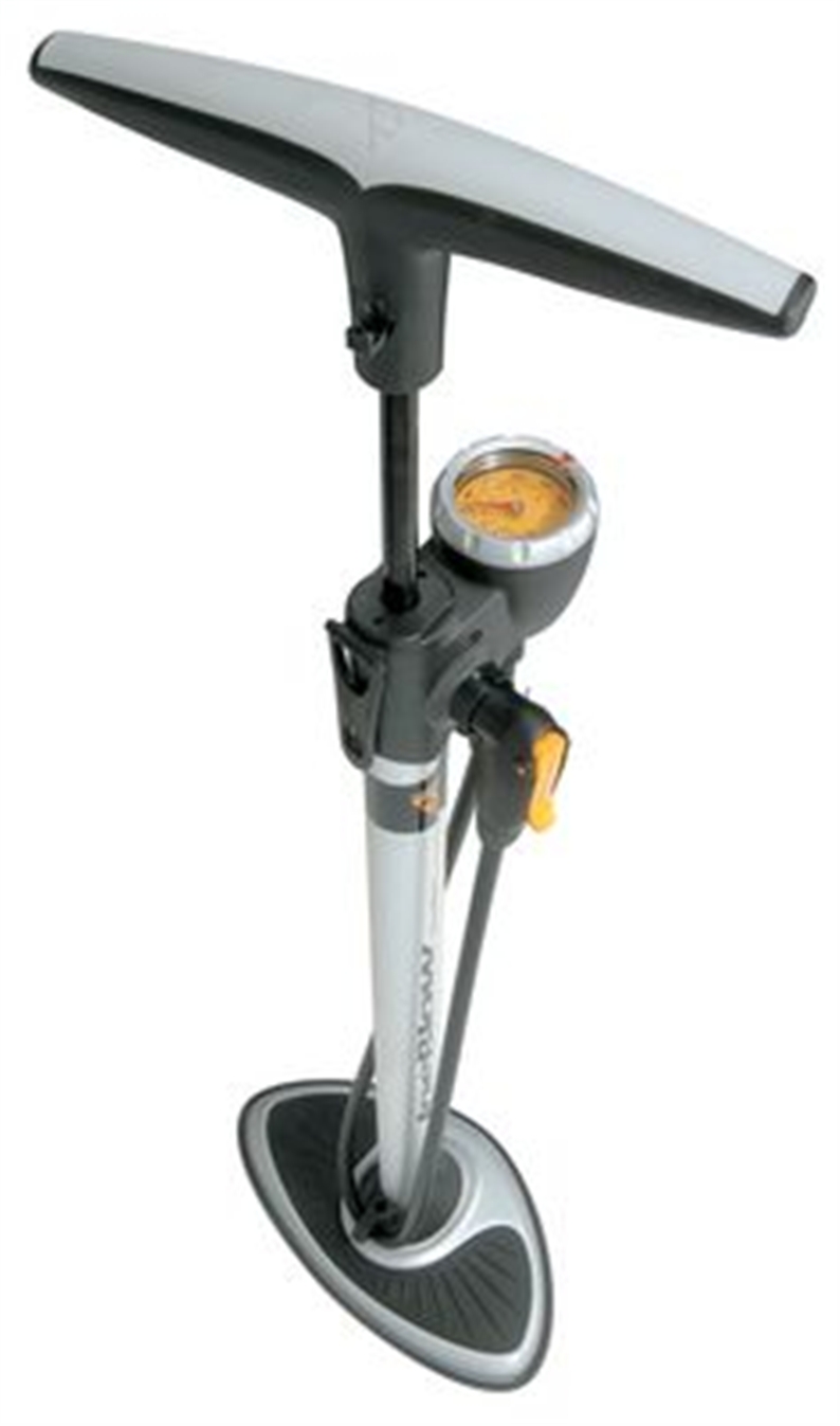 A fully featured, high quality floor pump with satin aluminium barrel, SmartHead top mount gauge,