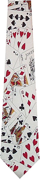 A creamy white tie covered in large playing cards