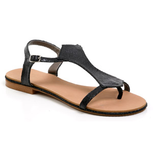 Cracked effect metallic T-bar flip flop featuring buckled ankle strap and toe post. The pretty Joper