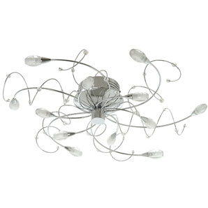 A swirl of a dozen chrome arms with glass shades, with a retro-look chrome ceiling rose