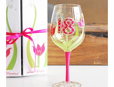 This gorgeous Julie Childs 18th Birthday Hand Painted Wine Glass would make an ideal gift for someone special about to turn 18!This clear wine glass has a pink painted stem and the base features a raised pattern with diamantes. The top of the glass h