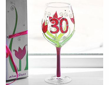 This gorgeous Julie Childs 30th Birthday Hand Painted Wine Glass would make an ideal gift for someone special about to turn the big 30!This clear wine glass has a pink painted stem and the base features a raised pattern with diamantes. The top of the