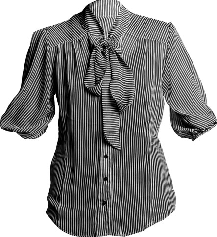 Stripy pussy bow blouse with 3/4 length sleeves. 100 Polyester Length 62cm at back.