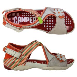 A colourful sandal from Camper. Features multi coloured straps, decorative flower to the side and a 