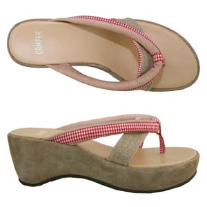 A casual wedge heeled sandal from Camper. Features suede strap and gingham fabric toe-post, suede to