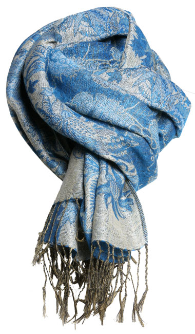 Floral print pashmina with metallic thrad and tassle detail. 55 Pashmina 45 Silk.