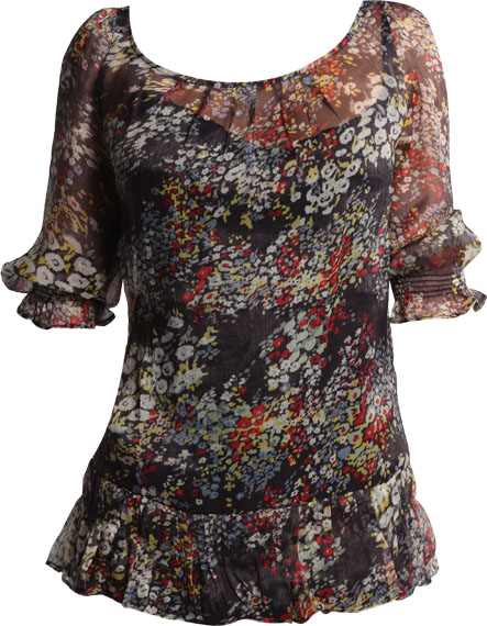 Chiffon multi print tie neck blousewith slash sleeves length 70cms100 polyester