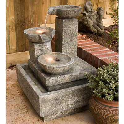 A stone effect water feature comprising of three cascading bowls lit from within. From the Kelkay Ea