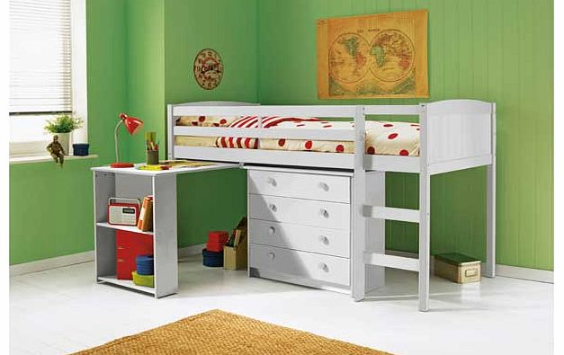 With this Kelsey White Mid Sleeper/Desk/Chest with Bibby Mattress. you get more than just a bed. This bed gives your child extra storage space. a work space and somewhere to relax. This Kelsey bed has a pull out desk that can be stored under the bed 