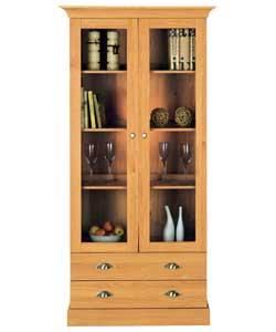 Size (H)200, (W)89.3, (D)45cm.Golden oak finish.  2 glass doors.  2 drawers on metal runners with ch