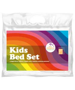 A non-allergenic bed set containing duvet, 1 pillow and a water-resistant mattress protector.100 hol