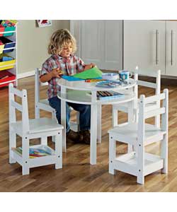 Table and 4 chairs with storage.Constructed of painted MDF.Size of table (L)55.5, (W)55.5, (H)59.5cm