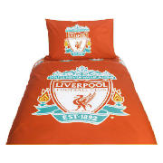 This duvet set includes a single duvet cover and a matching pillowcase, both featuring Liverpool FC 