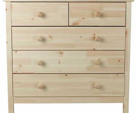 Part of the charming Scandinavia range. this kids chest of drawers is constructed with untreated solid pine you can stain. paint or varnish to create your own look. It has three full-sized drawers and two half-sized drawers. all with natural wooden r