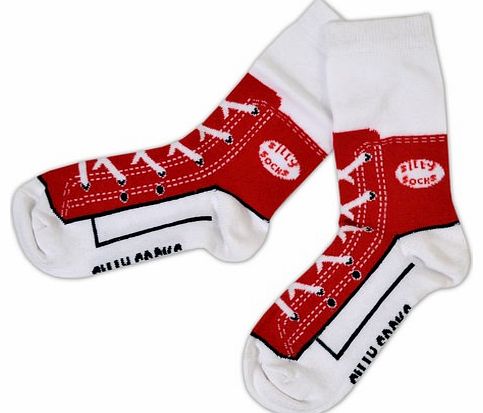 Kids Silly Socks - Sneaker Design Will fit UK size 1 to 4 (EU 33-37). Funky red sneaker design. They measure around 25 cm x 7.5 cm lying flat. Machine washable at 40 degrees. 85% Cotton, 10% Polyamide, 5% Elastine. Key Product Features: Will fit UK s