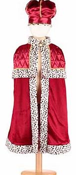 A red velour cloak with ermine faux fur. red satin quilted panels and gold trims. Includes a stylish crown and is machine washable. Suitable for height 116 to 128cm. For ages 6 year and over. Polyester. EAN: 5014568226098. WARNING(S): Not suitable fo
