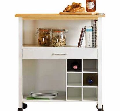 Maximise your storage space with this white kitchen trolley. featuring two shelves. a drawer and a wine rack. It has a solid wood top and is mounted on castors for manoeuvrability. Kitchen storage trolley features: Material: rubberwood. 2 shelves. 1 