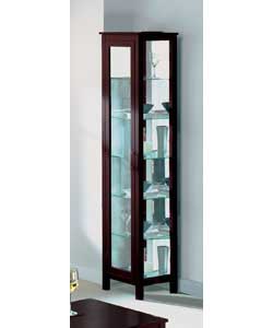 Solid wood (except base) in dark wood stain. 1 glass display door. 5 fixed internal shelves and one