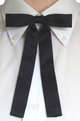 Pre-tied black Kentucky Colonel style bow tie with adjustable neckband and 1 high bow and 7 3/4 long