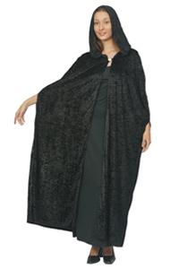 A velvet look gothic style hooded cloak in black. Approximately 52" in length. Great for any fancy d