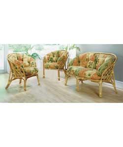 3 piece suite comprising sofa and 2 chairs.Hand woven lattice design; rattan frame with fully