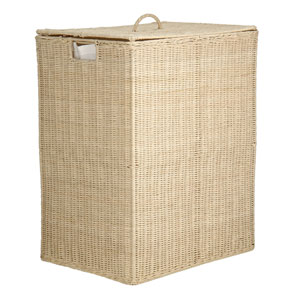 Lidded laundry basket made from rattan on a wire frame. With removable cotton liner. Complements