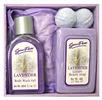 Lavender bathroom gift set containing bodywash gel, luxury beauty soap and two bath bombs presented 