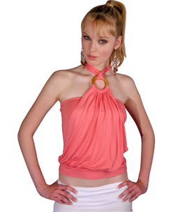 Stop traffic in this unusual halterneck. Soft jersey fabric is draped over a boob-tube underlayer