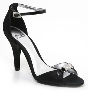 Two part satin sandal with pleat and diamante detail on front vamp. Featuring a high covered heel an