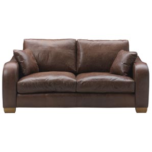distressed look two-seater leather sofa with solid oak feet