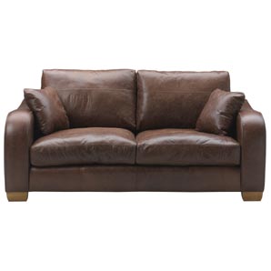 distressed look two-seater leather sofa with solid oak feet