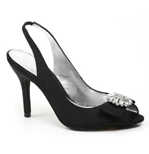 Peep toe satin sandal with a high covered heel, slingback and bow detail with large diamante trim. S