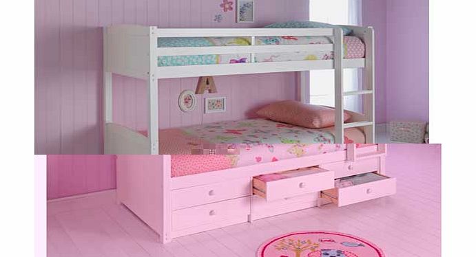 Part of the Leigh collection. Solid wood frame finish. Ladder can be positioned either side of the bed. Can be used as 2 single beds. Includes wooden slats. Bed size W106. L198. H157cm. Clearance between floor and underside of bed 37cm. For ages 6 ye