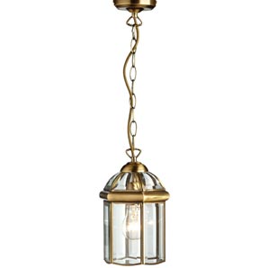 Six-sided antiqued brass effect lantern with bevel