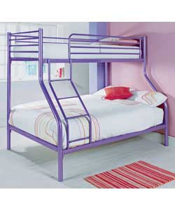Lilac tubular metal framed double bed with single bunk bed and built in access ladder. Overall size 