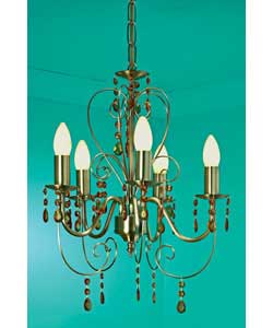 Antique brass effect finish with amber coloured glass droplets. Drop 51cm (excluding